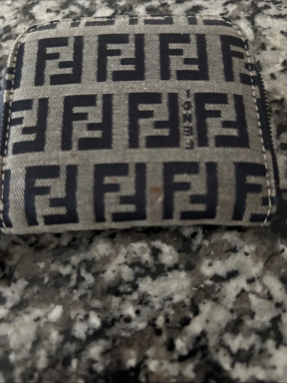 Authentic Fendi Navy and Beige FF Logo Zip coin purse